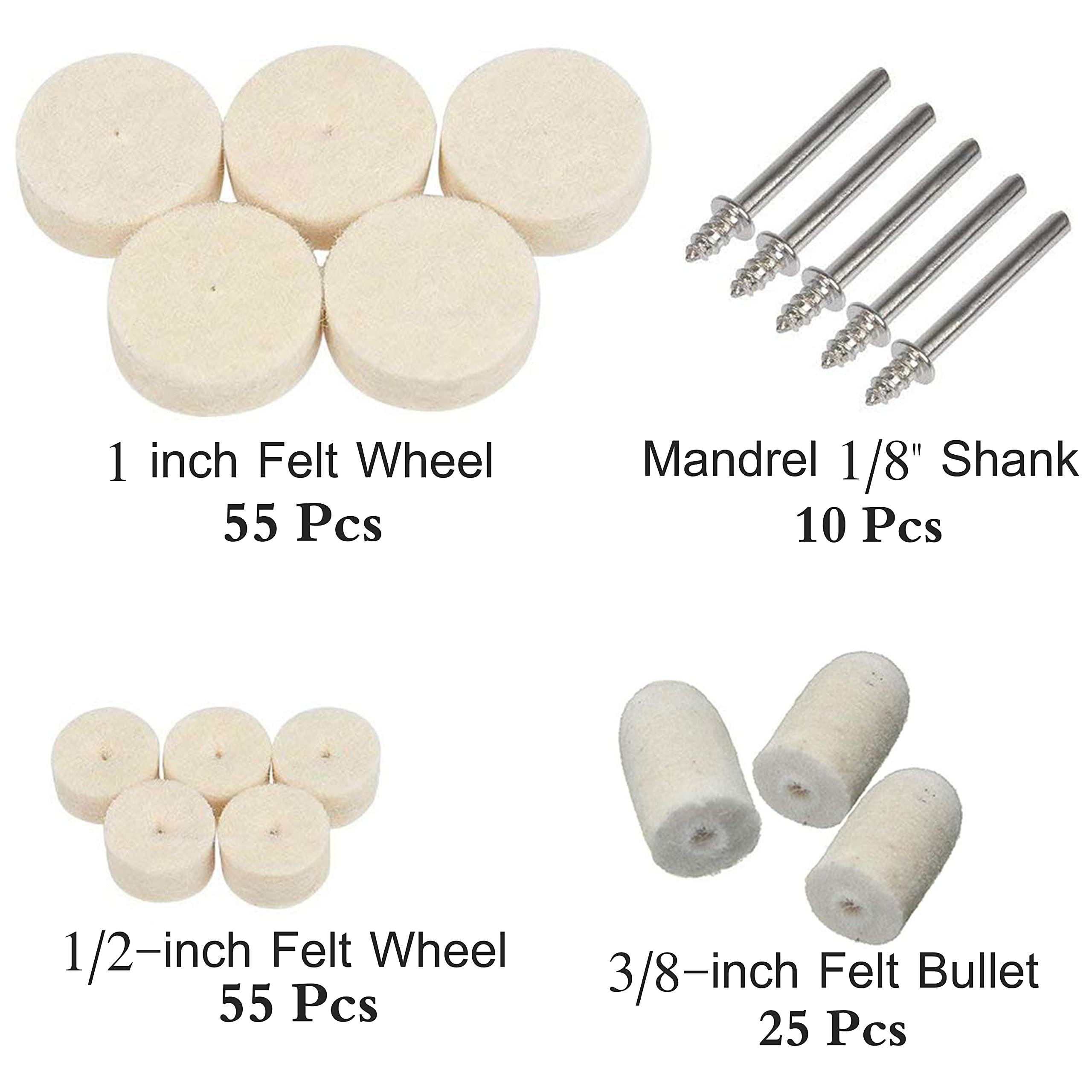 Felt Polishing Buffing Wheel 145Pcs Wool Felt Polishing Pad Wheel Professional Accessories, Point & Mandrel 1/8" Shank Kit for Dremel Rotary Tools