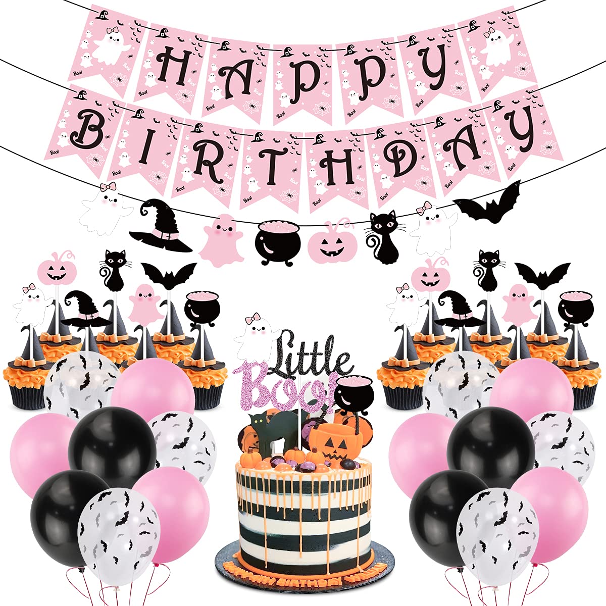 Halloween Birthday Party Decorations, Pink Halloween Happy Birthday Banner,Little Boo Cake Topper with Ghost and 30Pcs Bat Balloons for Halloween Scary Theme Baby Shower,Kids Halloween Birthday Party