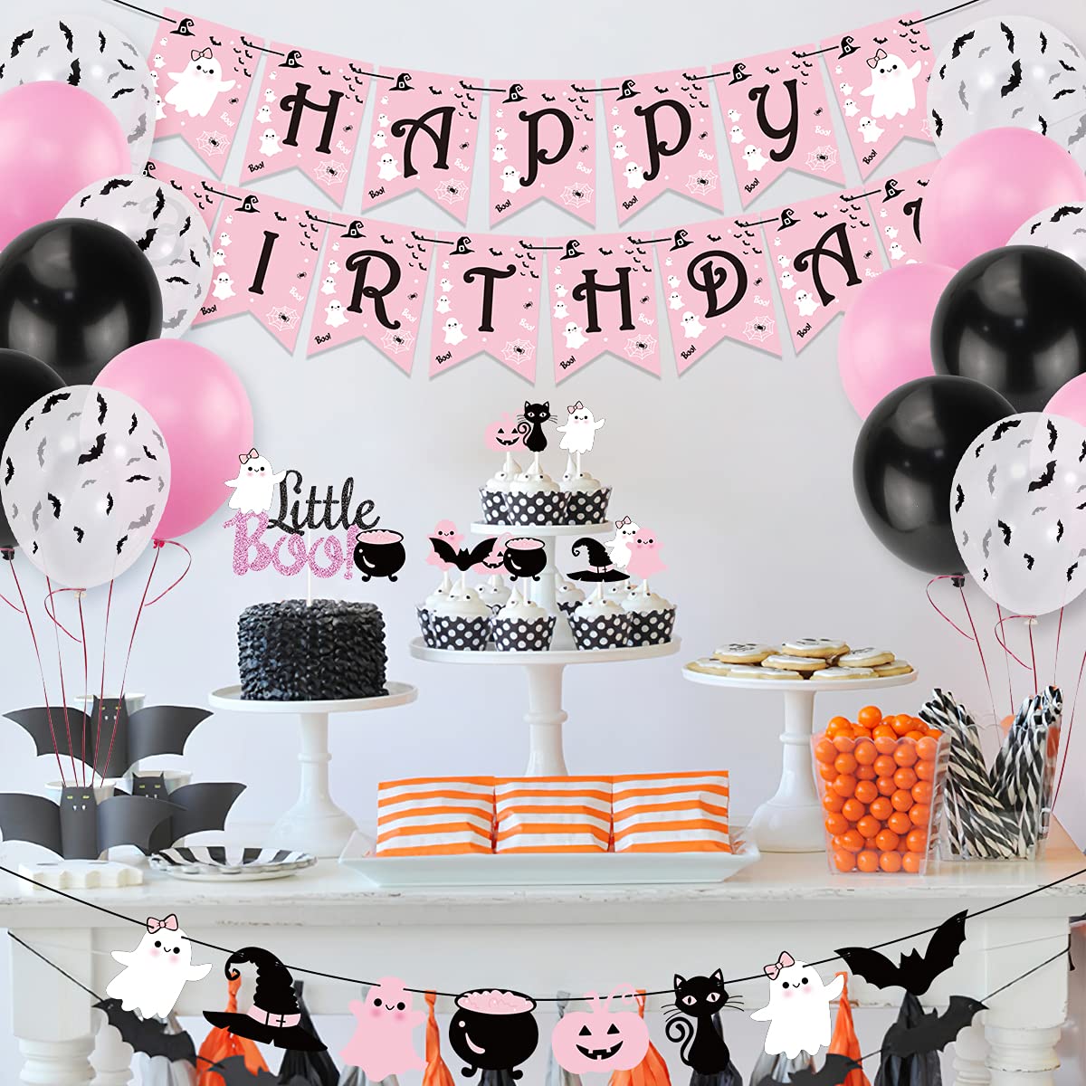 Halloween Birthday Party Decorations, Pink Halloween Happy Birthday Banner,Little Boo Cake Topper with Ghost and 30Pcs Bat Balloons for Halloween Scary Theme Baby Shower,Kids Halloween Birthday Party