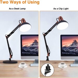 FIRVRE Metal Desk Lamp Adjustable Goose Neck Architect Table Lamp Sandy Black Tall Reading Light Swing Arm Desk Lamp with Clamp Eye-Caring for Bedroom Bedside Study Home Office Library Workplace