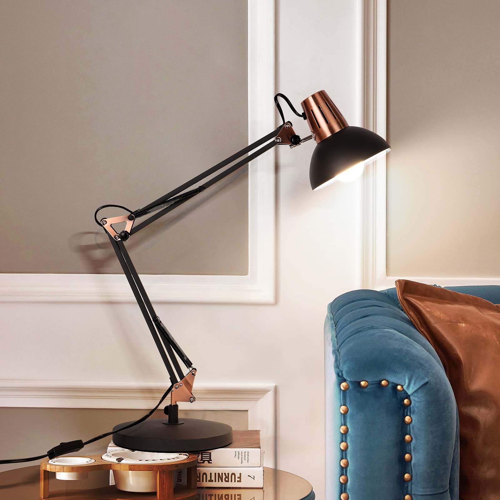 FIRVRE Metal Desk Lamp Adjustable Goose Neck Architect Table Lamp Sandy Black Tall Reading Light Swing Arm Desk Lamp with Clamp Eye-Caring for Bedroom Bedside Study Home Office Library Workplace