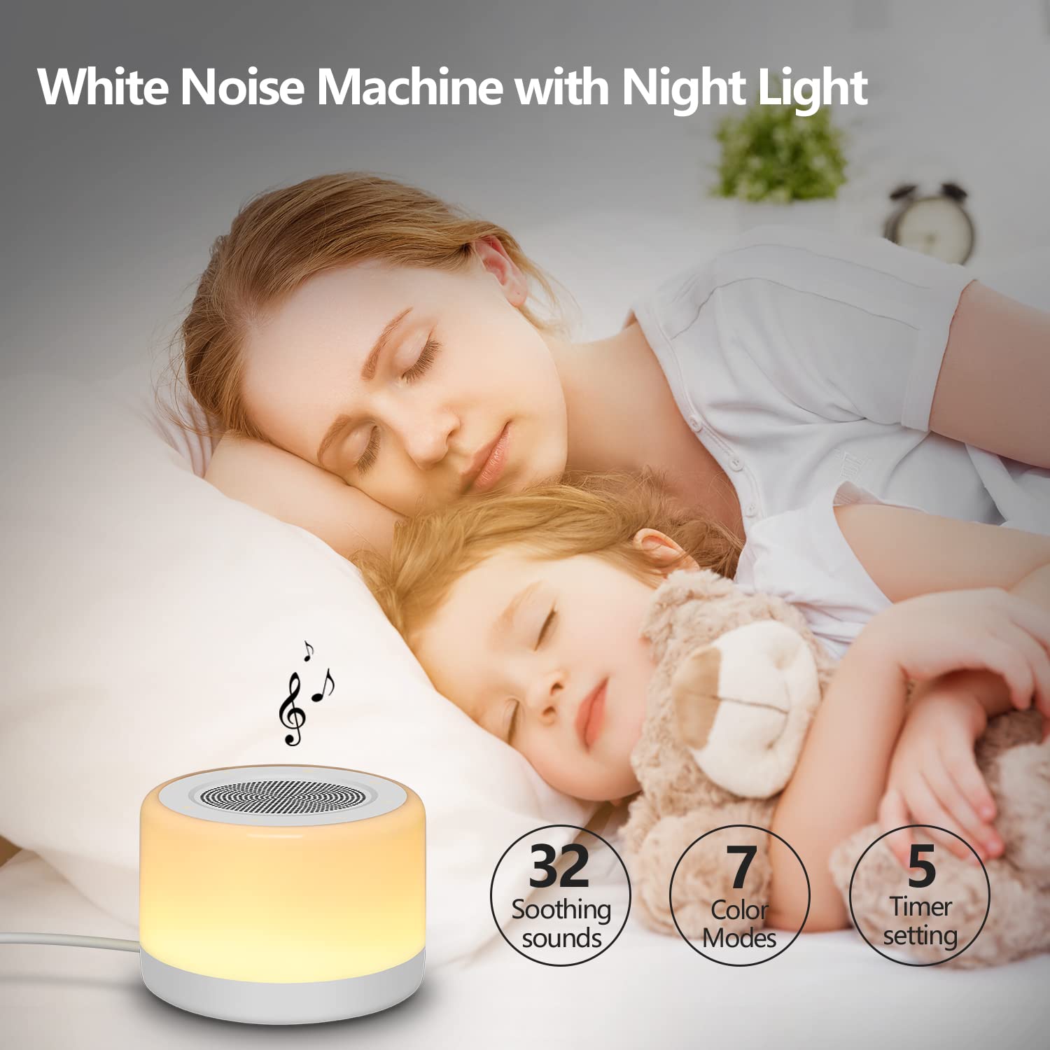 YYDSKIT Sound Machine Baby,White Noise Machine for Baby with Night Light, 32 Soothing Sounds,Plug in,5 Timers & Memory Feature, Noise Machine for Baby Kids Adults,Home