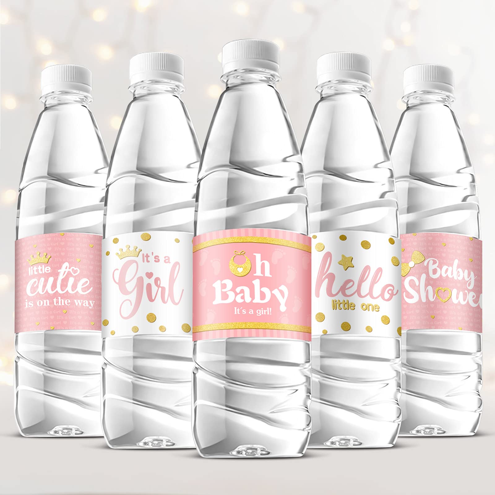 39 Pieces Baby Shower Water Bottle Labels Shower Water Bottle Stickers Wrappers Waterproof Baby Shower Labels for Baby Shower Party Decoration (Pink, Girl Style)