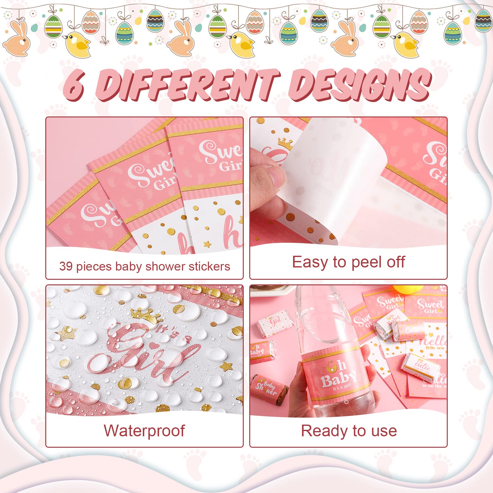 39 Pieces Baby Shower Water Bottle Labels Shower Water Bottle Stickers Wrappers Waterproof Baby Shower Labels for Baby Shower Party Decoration (Pink, Girl Style)