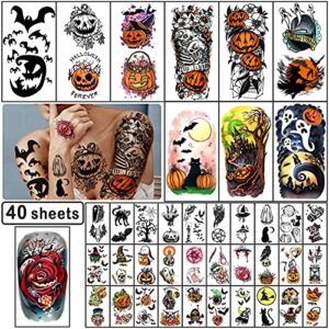 Yazhiji 40 Sheets Halloween Temporary Tattoos Pumpkin Witch Sugar Skull Tattoo Family Set Tats for Women Men Boys and Girls