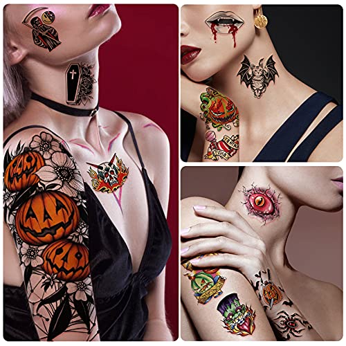 Yazhiji 40 Sheets Halloween Temporary Tattoos Pumpkin Witch Sugar Skull Tattoo Family Set Tats for Women Men Boys and Girls