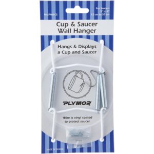 plymor white vinyl finish wall mountable tension cup & saucer hanger, 8" h x 2.75" w x 1" d