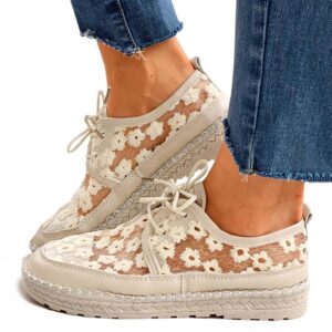 Hbeylia Platform Espadrilles Fashion Sneakers for Women Girls Flower Embroidered Lace Breathable Lace Up Low Top Play Sneakers Canvas Shoes Casual Leather Slip On Walking Shoes Loafers