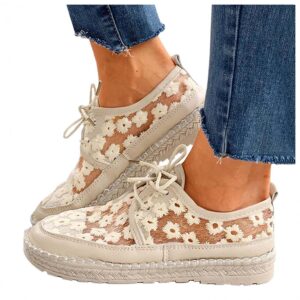 Hbeylia Platform Espadrilles Fashion Sneakers for Women Girls Flower Embroidered Lace Breathable Lace Up Low Top Play Sneakers Canvas Shoes Casual Leather Slip On Walking Shoes Loafers