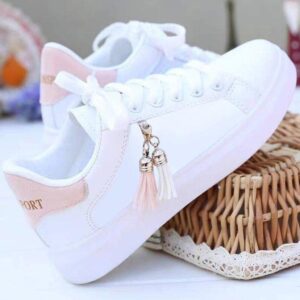 Hbeylia Leather Fashion Sneakers for Women Casual Lace Up Low Top Play Sneakers Platform Wedge Slip On Loafers Canvas Shoes Anti Slip Walking Running Shoes for Girls Work Nurse Outdoor Sports Pink