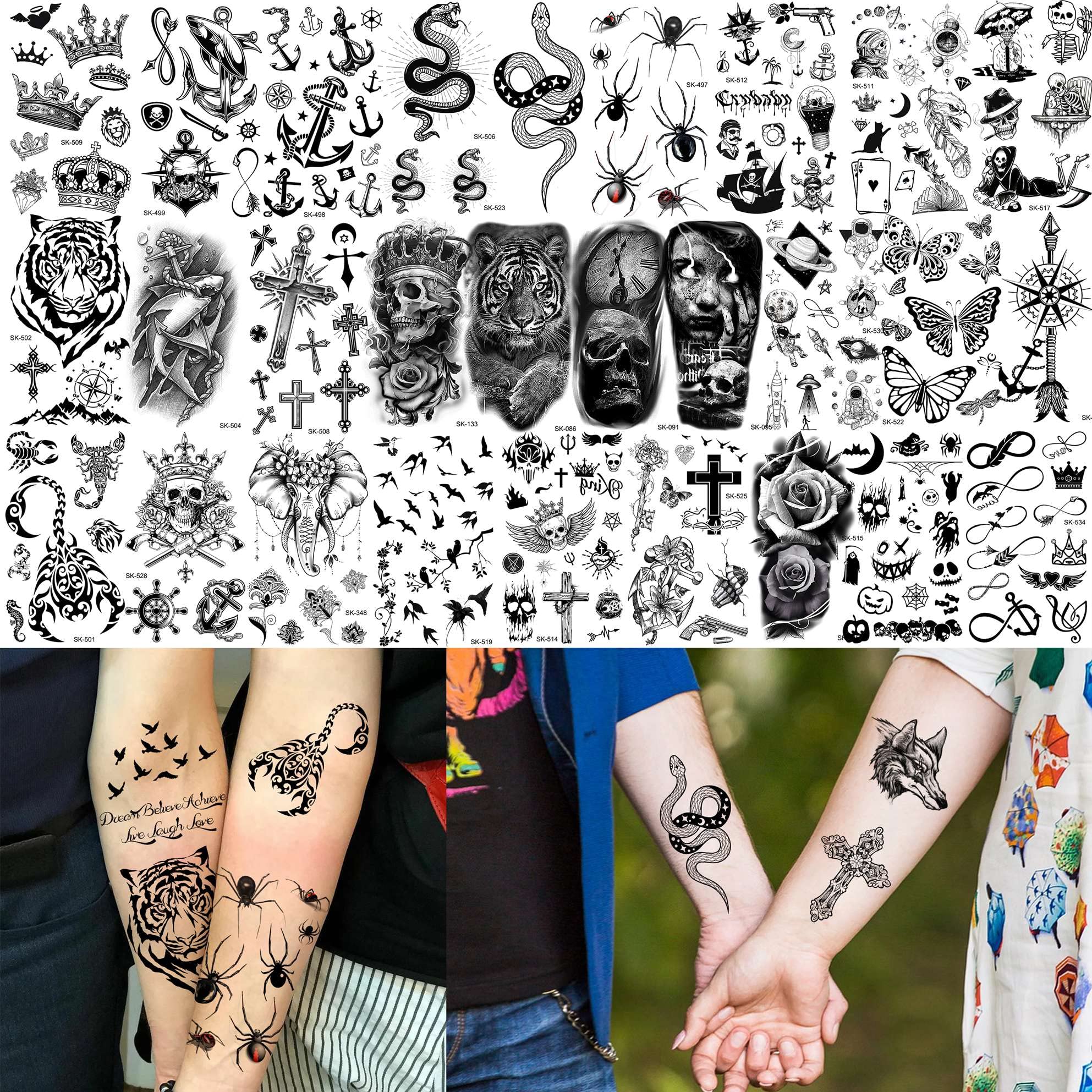 Bilizar 48 Sheets 3D Small Temporary Tattoos For Kids Women Neck Girls Arm Boys, Temp Tiny Halloween Tattoo Stickers Men Spider Cross Scorpion Snake Tiger Lion, Flower Ghost Skull Fake Tatoos Acnhor