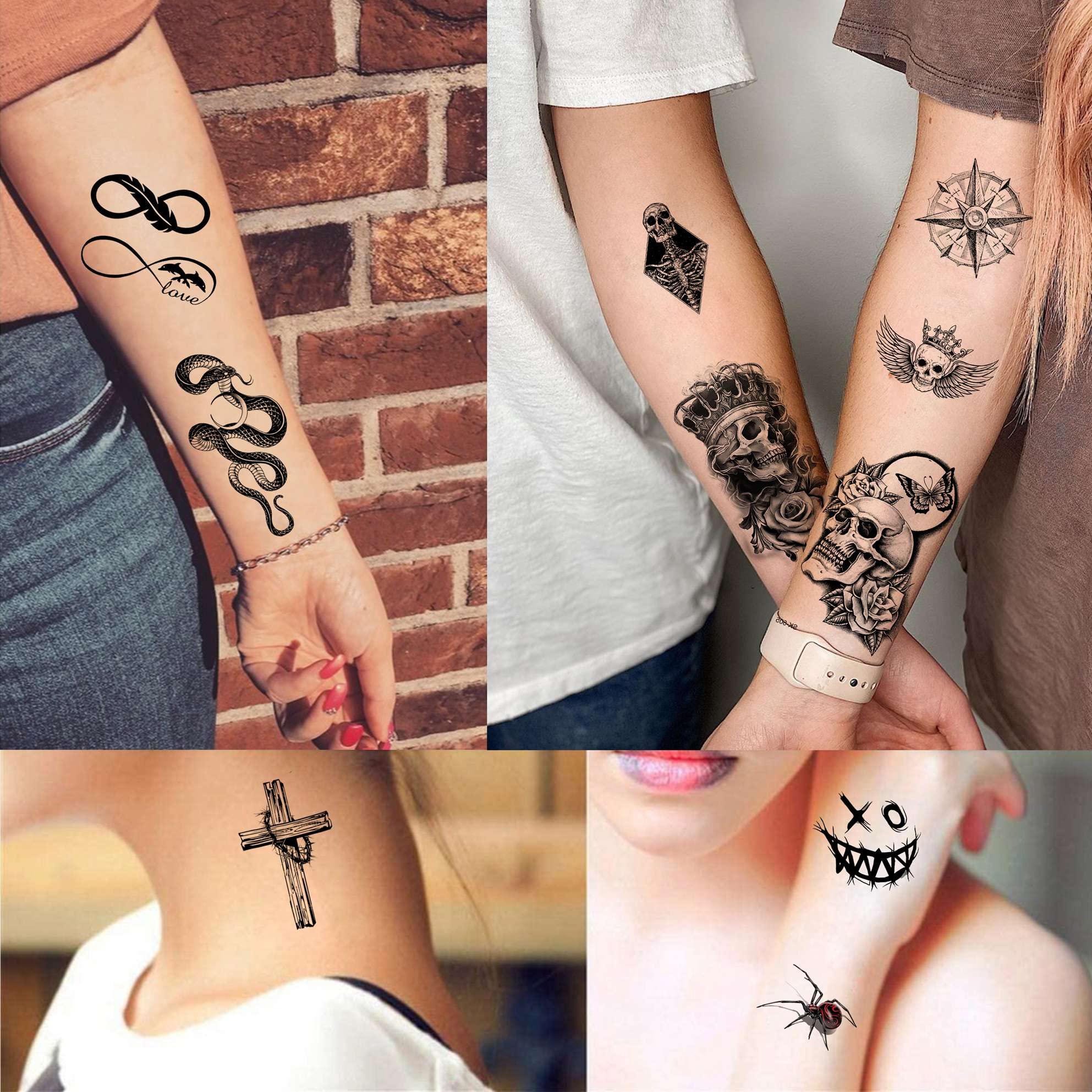 Bilizar 48 Sheets 3D Small Temporary Tattoos For Kids Women Neck Girls Arm Boys, Temp Tiny Halloween Tattoo Stickers Men Spider Cross Scorpion Snake Tiger Lion, Flower Ghost Skull Fake Tatoos Acnhor