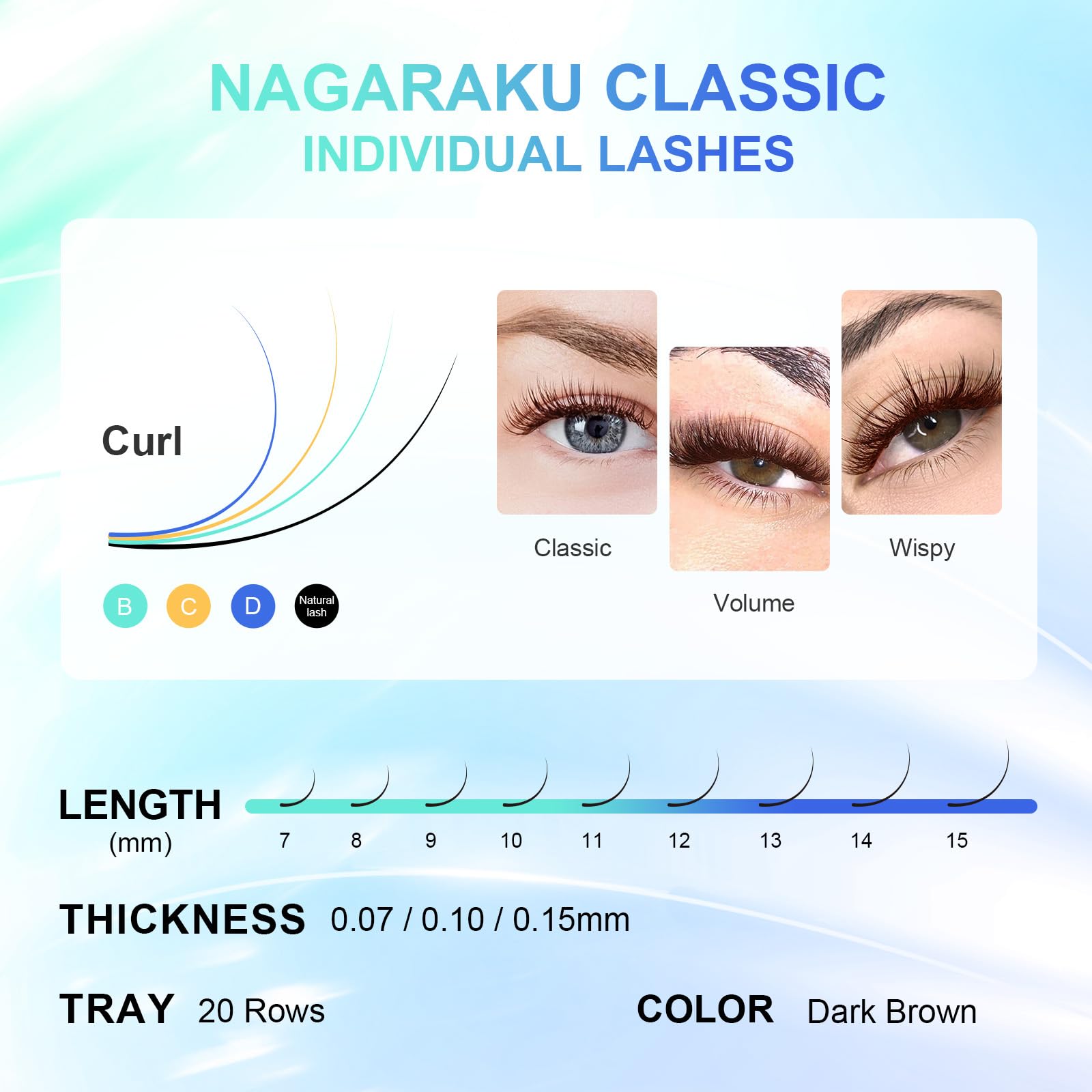 NAGARAKU Eyelash Extensions Dark Brown Color 0.15mm C curl 7-15mm Mix Tray Individual Lashes Classic Faux Mink Volume 20 rows Soft Light
