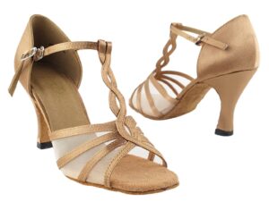 very fine ladies' latin, rhythm & salsa dance shoes - 1692 classic series - 2.5" heel + one pair of heel protectors bundle (brown satin & flesh mesh, numeric_6_point_5)