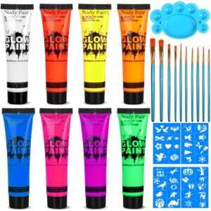uv blacklight neon face and body paint, 8 tubes 0.84oz glow in the dark body paints, neon fluorescent glow in dark party supplies