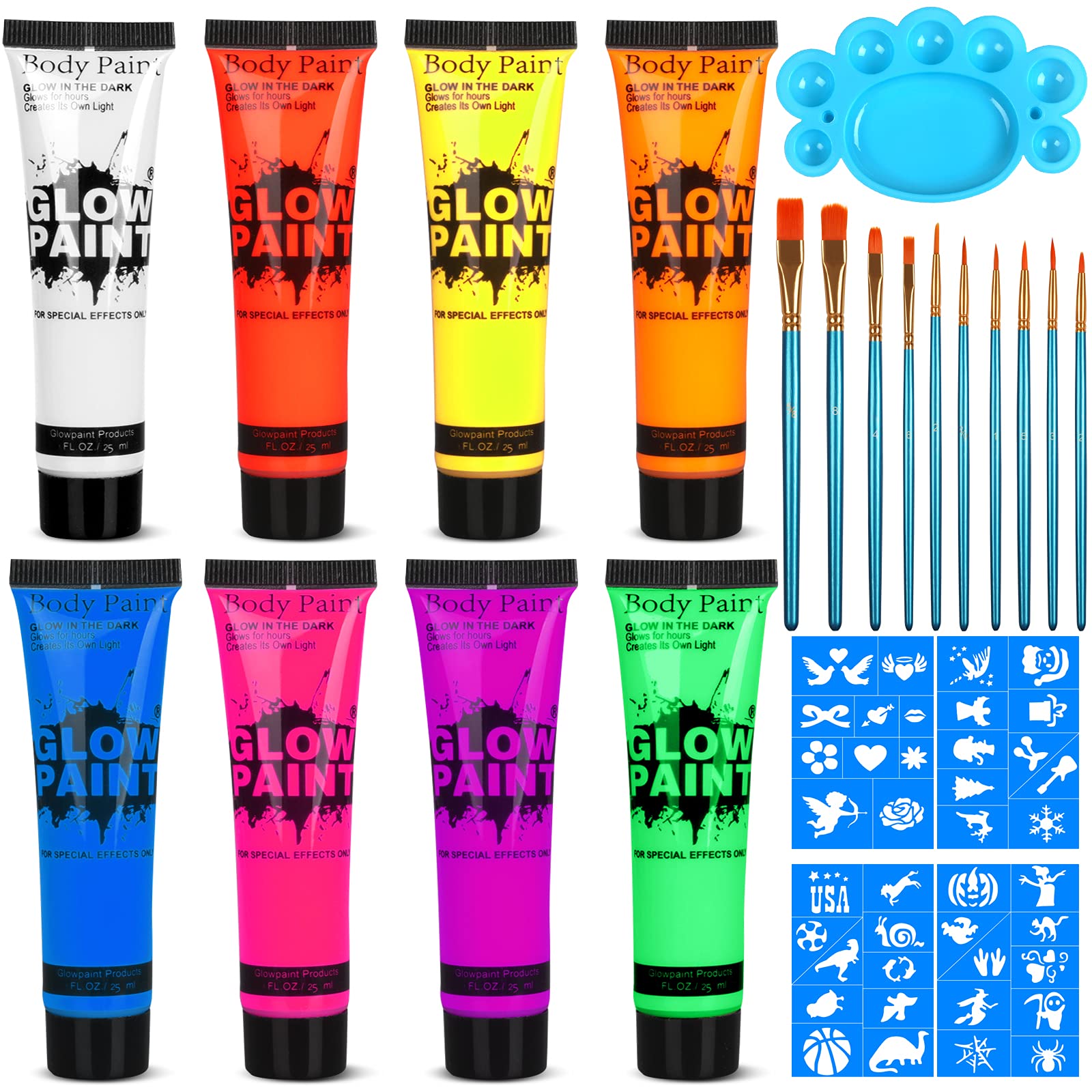 UV Blacklight Neon Face and Body Paint, 8 Tubes 0.84oz Glow in the Dark Body Paints, Neon Fluorescent Glow in Dark Party Supplies