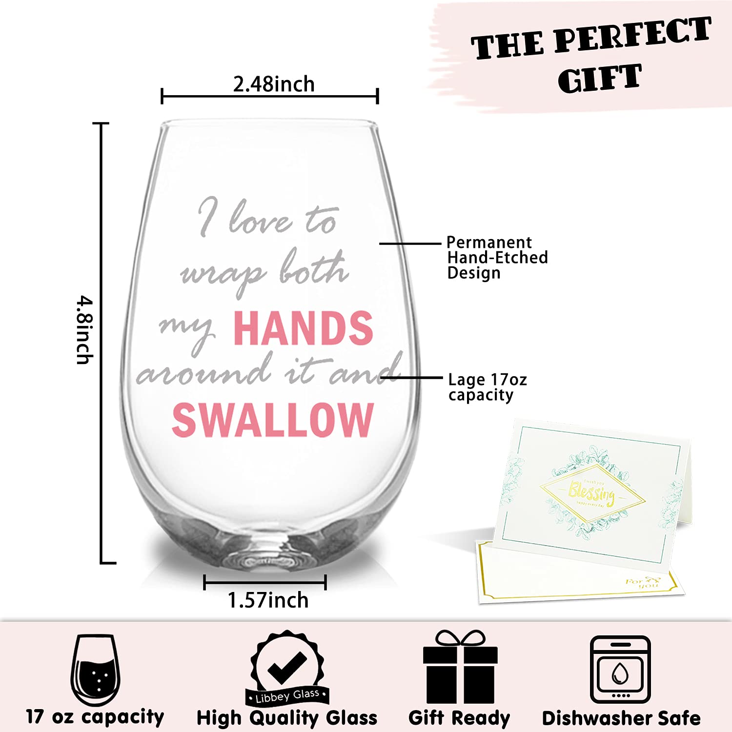 Mokoart I Love to Wrap Both My HANDS Around It and SWALLOW Funny Wine Glass for Women, Gag Gifts for Adults, Friends, Her, BBF for Bachelorette Parties Decorations, Birthday Gift Idea for Her, 17 oz