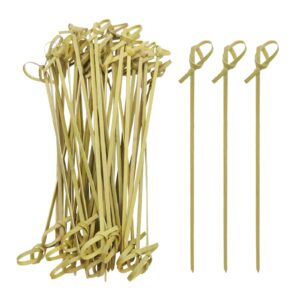blue top bamboo cocktail picks 200 pcs bamboo skewers 4 inch with looped knot, food picks,party toothpicks for appetizers,cocktail drinks,barbecue snacks,club sandwiches.