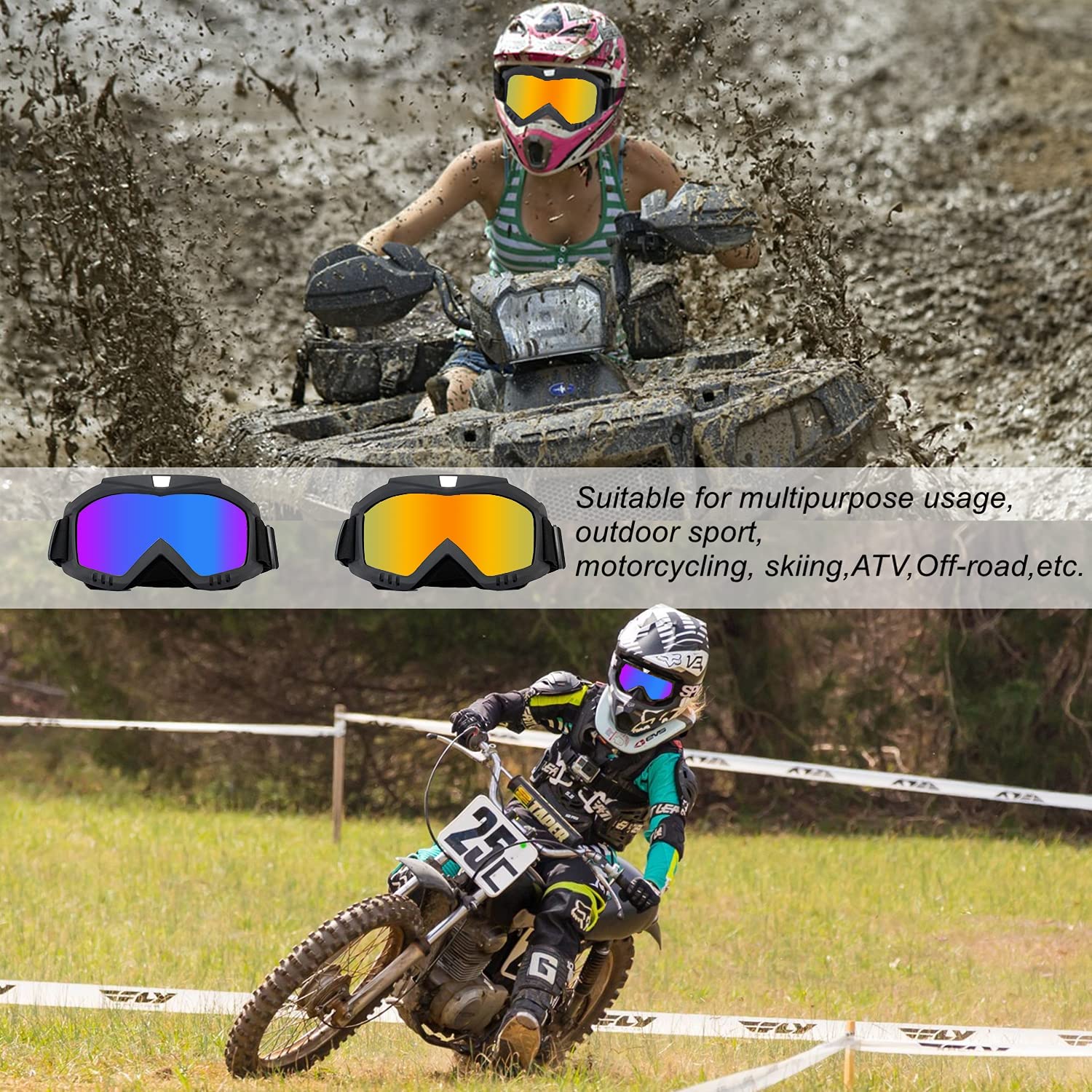 LJDJ Dirt Bike Goggles, 2 Pack Motorcycle Goggles, ATV Goggles, Riding Goggles, Ski Goggles, Windproof Glasses, Racing Helmet Goggles for Youth, Teens, Men & Women