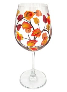 autumn leaves wine glass - fall colors - leaf, red, yellow, orange - hand painted - thanksgiving wine glass