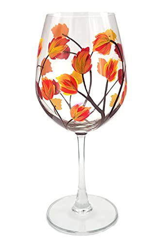 Autumn Leaves Wine Glass - Fall Colors - Leaf, Red, Yellow, Orange - Hand Painted - Thanksgiving Wine Glass