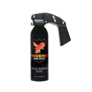 phoenix home shield – home defense unit - pepper gel with uv dye - full grip, pull pin, gel is safe & amp maximum strength, maximum distance + maximum bursts = maximum safety, 25 foot range
