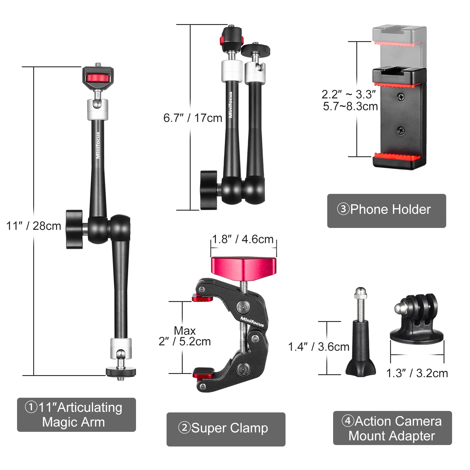 11'' Articulating Friction Magic Arm Super Camera Clamp Mount Cell Phone Holder Action Camera Adapter Kit for DSLR Camera LCD Monitor Vlog Rig Video LED Light Microphone Cage Camcorder Projector