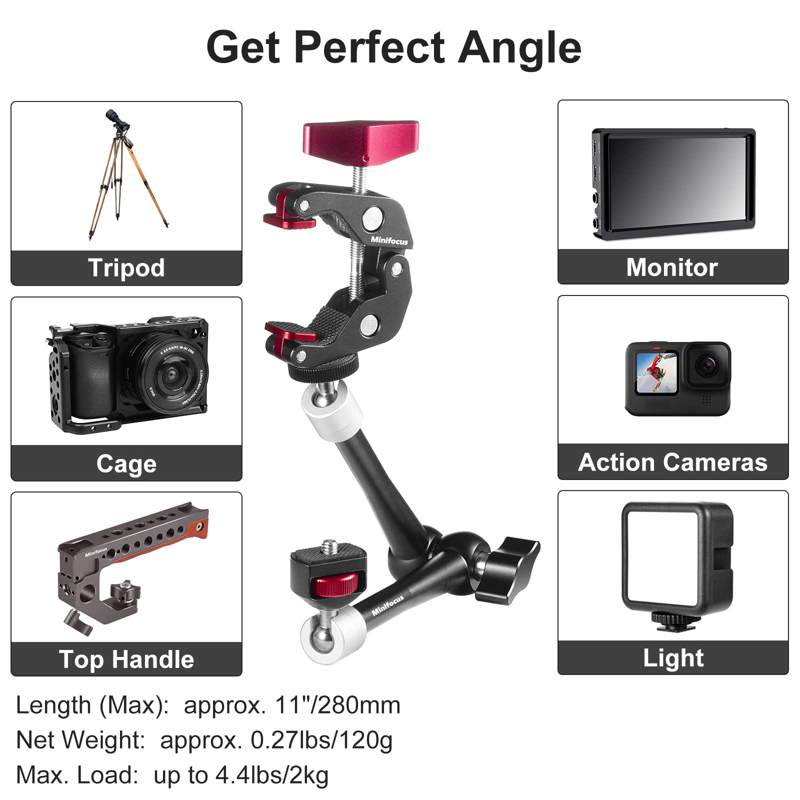 11'' Articulating Friction Magic Arm Super Camera Clamp Mount Cell Phone Holder Action Camera Adapter Kit for DSLR Camera LCD Monitor Vlog Rig Video LED Light Microphone Cage Camcorder Projector