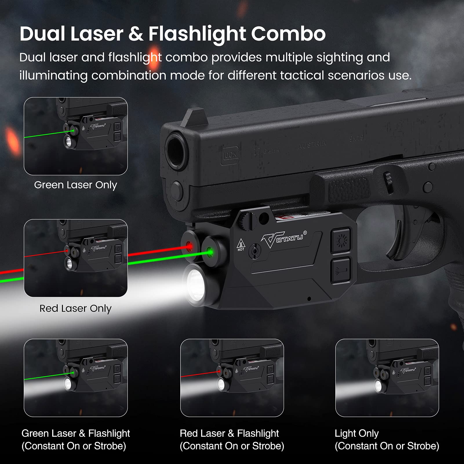 Votatu H1L-GR Shockproof Pistol Laser Light Combo, 750 Lumen Green Laser Light Combo for Pistol, Red Green for Handgun Picatinny Mount, Magnetic Rechargeable Laser Light