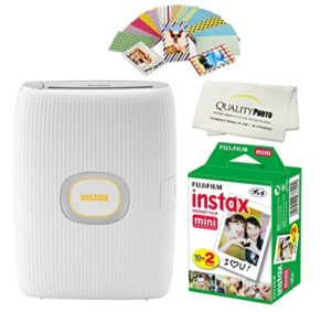 fujifilm instax mini link 2 smartphone printer plus films 20 pack, stickers and bonus all-purpose microfiber cloth (clay white)