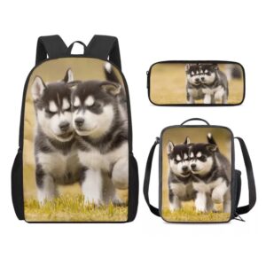 cumagical husky puppies pattern kids school backpack set 3 pieces lightweight bookbag with lunch bag pencil case for boys girls