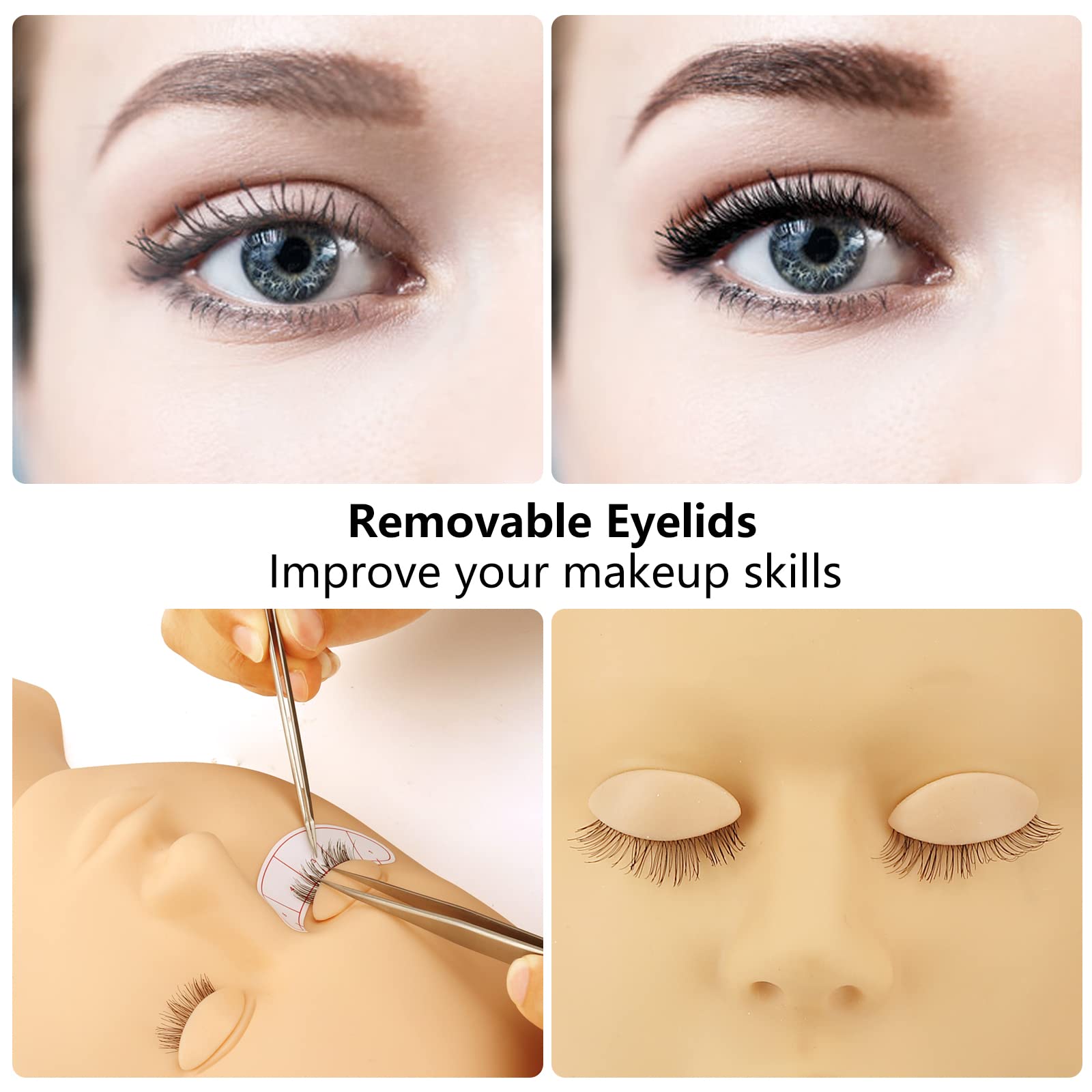 6 Pairs Replacement Eyelids for Eyelash Practice Mannequin Head, Removable Realistic Eyelid with Eyelashes Extension Training Lash Mannequin Head Eyelids for Eyelash Practice (Light Color)