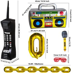 Cagemoga 20 Packs Inflatable Radio Boombox Inflatable Mobile Phone Inflatable Microphone 16 Inch Gold Foil Chain Balloons for 80s 90s Rappers Hip Hop Costume Party Decorations