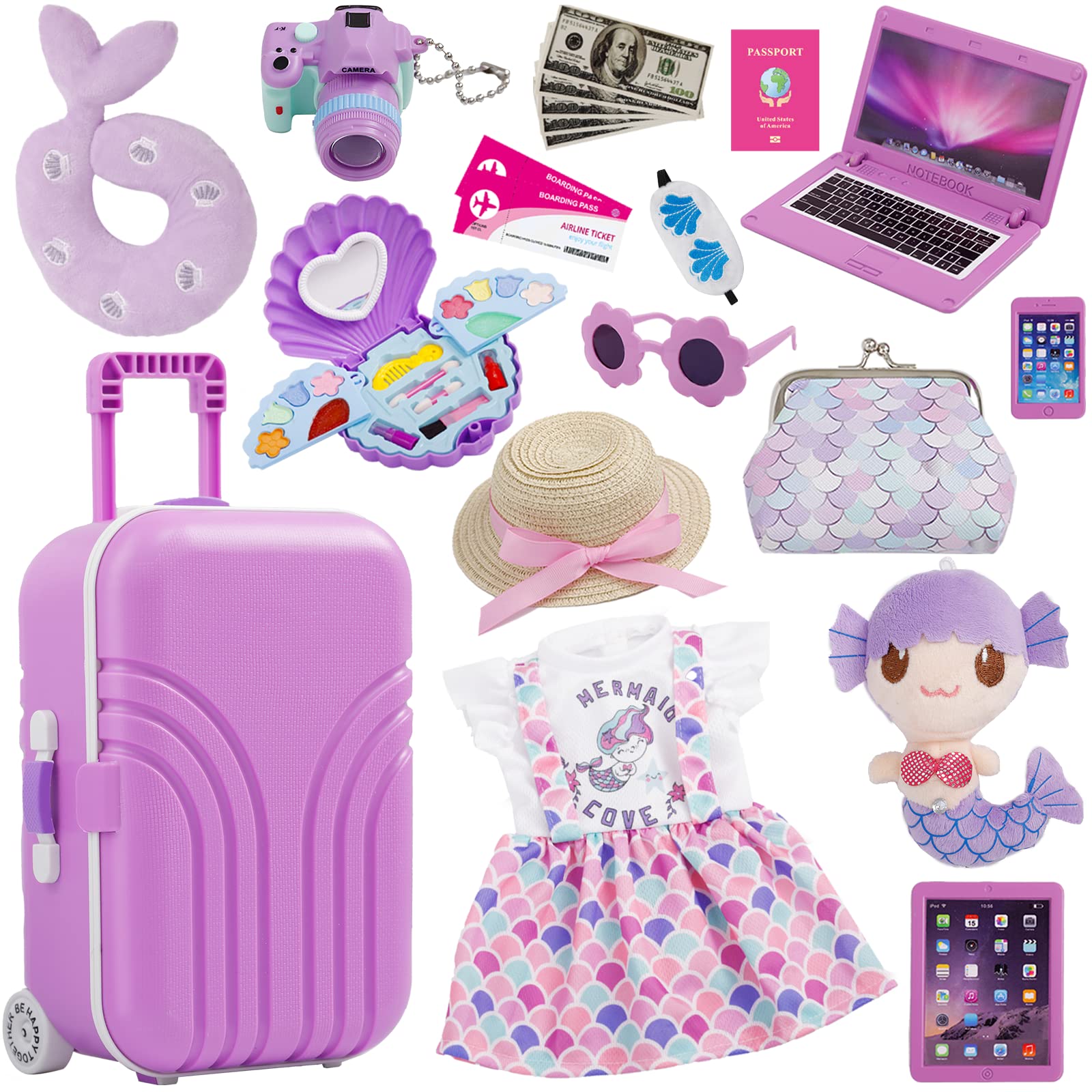 Srua Don 18 Inch Doll Suitcase Travel Luggage Play Set, 18" Doll Mermaid Theme Travel Carrier Storage Accessories for 18inch Doll, Include Case Doll Clothes Hat Sunglasses Camera Pillow Toy Pet, etc