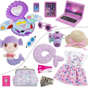 Srua Don 18 Inch Doll Suitcase Travel Luggage Play Set, 18" Doll Mermaid Theme Travel Carrier Storage Accessories for 18inch Doll, Include Case Doll Clothes Hat Sunglasses Camera Pillow Toy Pet, etc