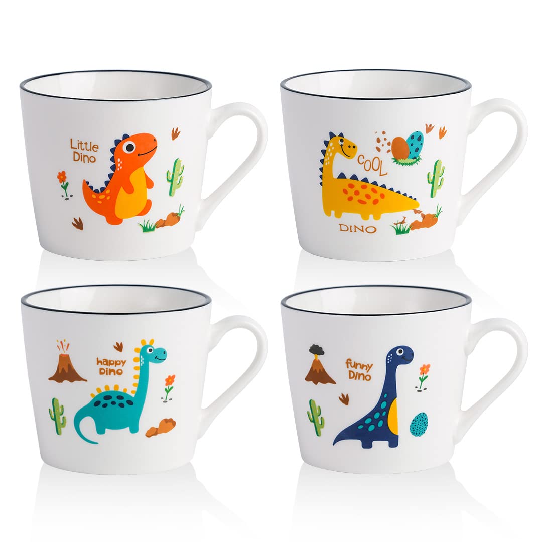 CHILDIKE Ceramic Dino Mug 13 Oz Dinosaur Cup, Cute Porcelain Mug for Breakfast, Cereal, Kawaii, Cartoon, Christmas & Holiday Gifts for Kids, Girls, Boy, Microwave Safe, Set of 4