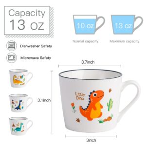 CHILDIKE Ceramic Dino Mug 13 Oz Dinosaur Cup, Cute Porcelain Mug for Breakfast, Cereal, Kawaii, Cartoon, Christmas & Holiday Gifts for Kids, Girls, Boy, Microwave Safe, Set of 4