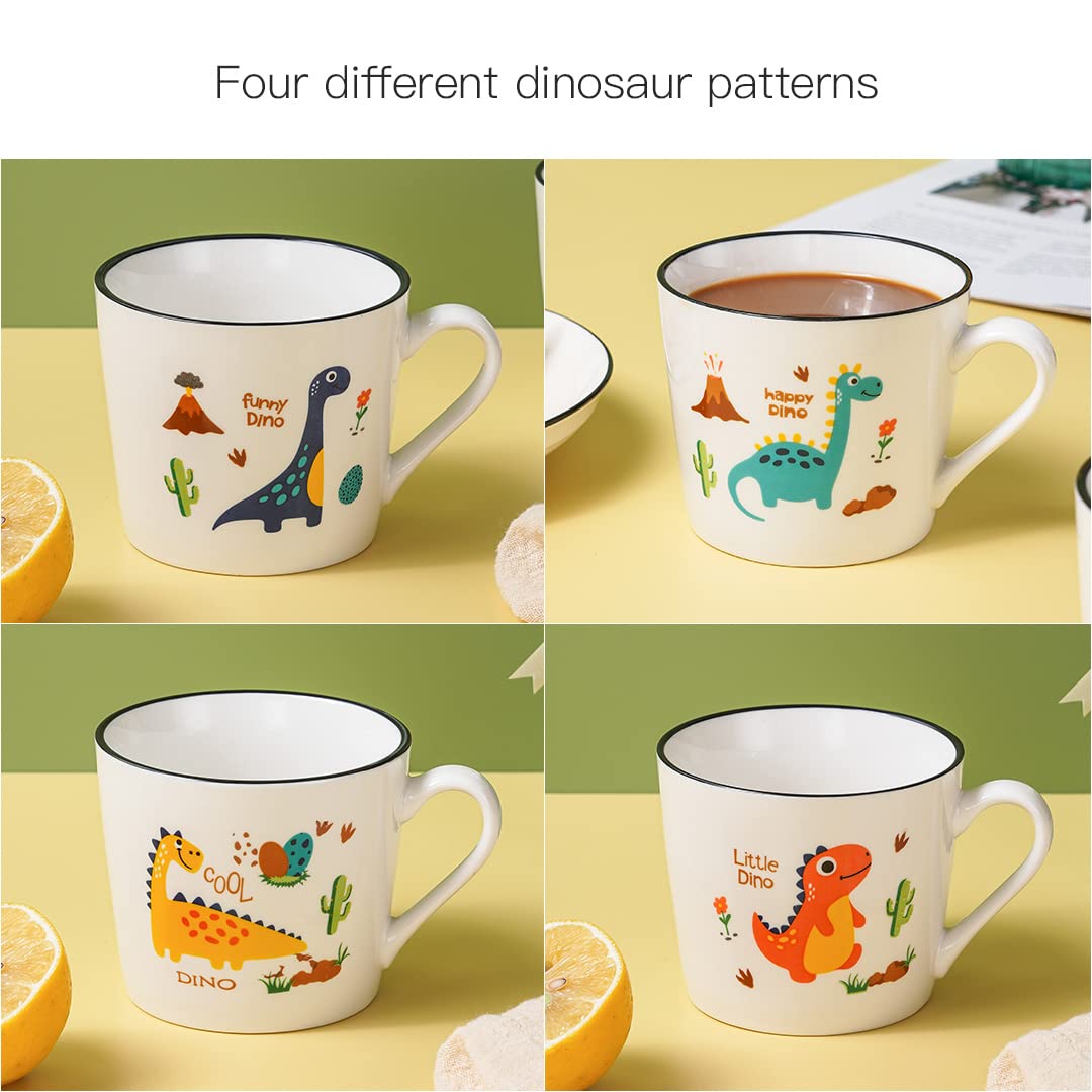 CHILDIKE Ceramic Dino Mug 13 Oz Dinosaur Cup, Cute Porcelain Mug for Breakfast, Cereal, Kawaii, Cartoon, Christmas & Holiday Gifts for Kids, Girls, Boy, Microwave Safe, Set of 4