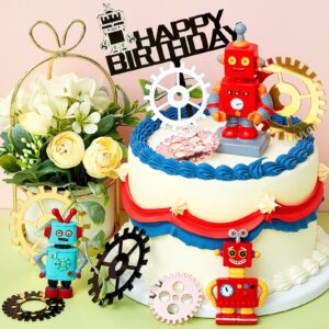 11 Pieces Robot Cake Toppers for Boys Robot Birthday Cake Topper Gear Happy Birthday Robot Cake Cupcake Decorations Robot Themed Party Decorations Robot Figurine for Robot Birthday Party Supplies