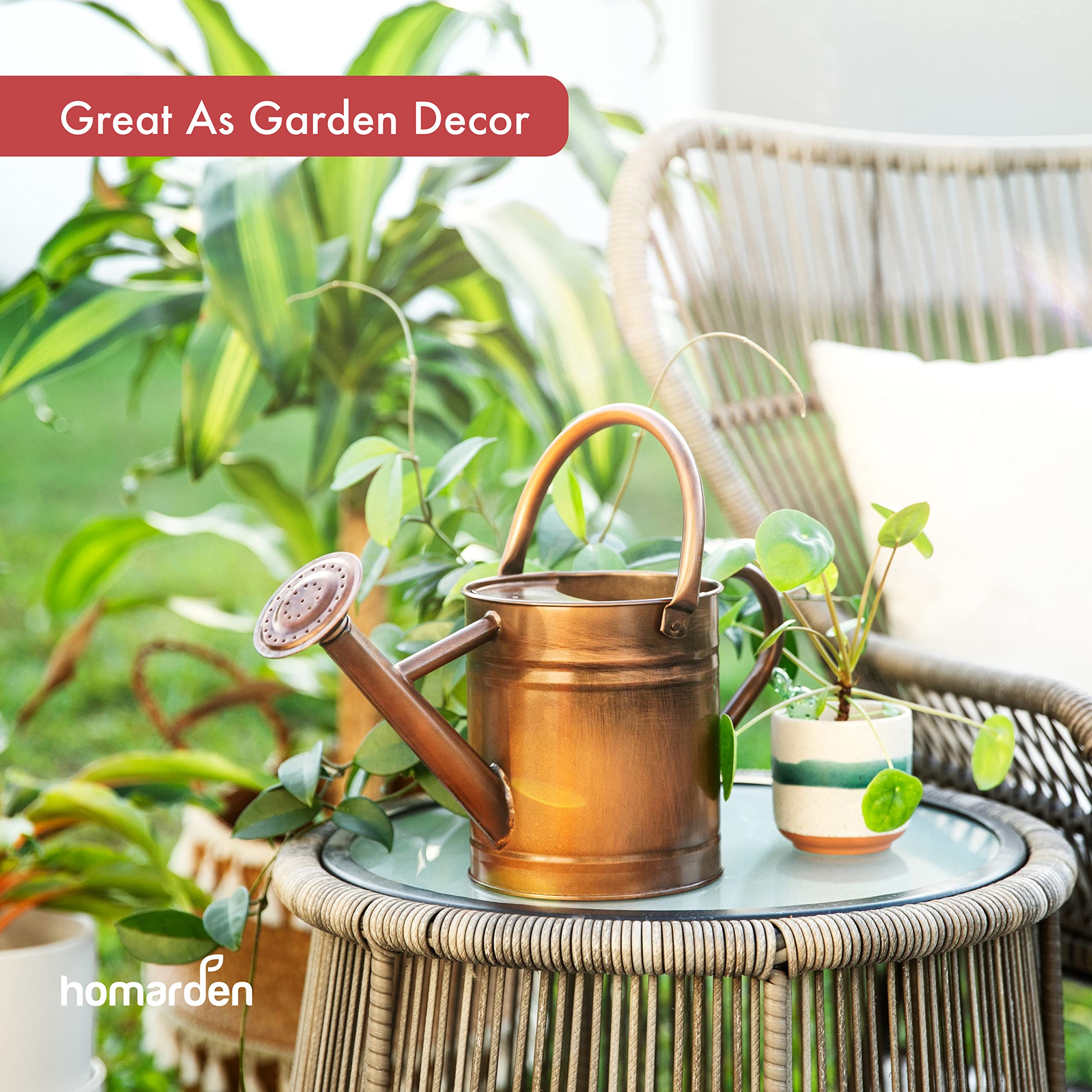 Homarden 1 Gallon Copper Decorative Watering Can - Metal Watering Cans for Indoor and Outdoor House Plants - Removable Spout and Dual Handles - Small Watering Can for Bonsai Plant - 16.1Dx6.2Wx7.9H in