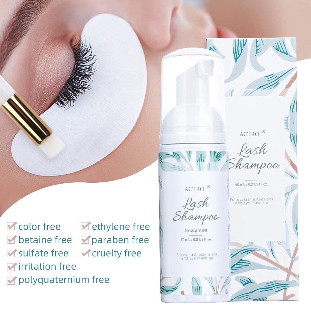 ACTROL Eyelash Extension Cleanser 60ML Natural Lash Extension Shampoo Unscented Professional Eyelid Foaming Cleanser Paraben & Sulfate Free Non-lrritating with Salon and Home Care