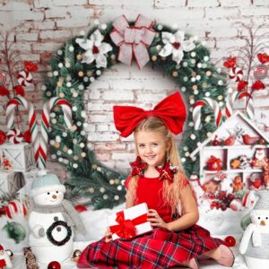 Mocsicka Christmas Photography Backdrop Xmas Candyland White Brick Wall Background Christmas Candy Canes Xmas Wreath Background for Kids Photo Booth Props (7x5ft (82x60 inch))