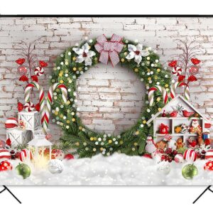 Mocsicka Christmas Photography Backdrop Xmas Candyland White Brick Wall Background Christmas Candy Canes Xmas Wreath Background for Kids Photo Booth Props (7x5ft (82x60 inch))