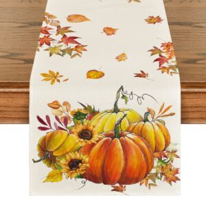 artoid mode fall pumpkins sunflowers maple leaves thanksgiving table runner, seasonal autumn harvest vintage kitchen dining table decoration for indoor outdoor home party decor 13 x 72 inch