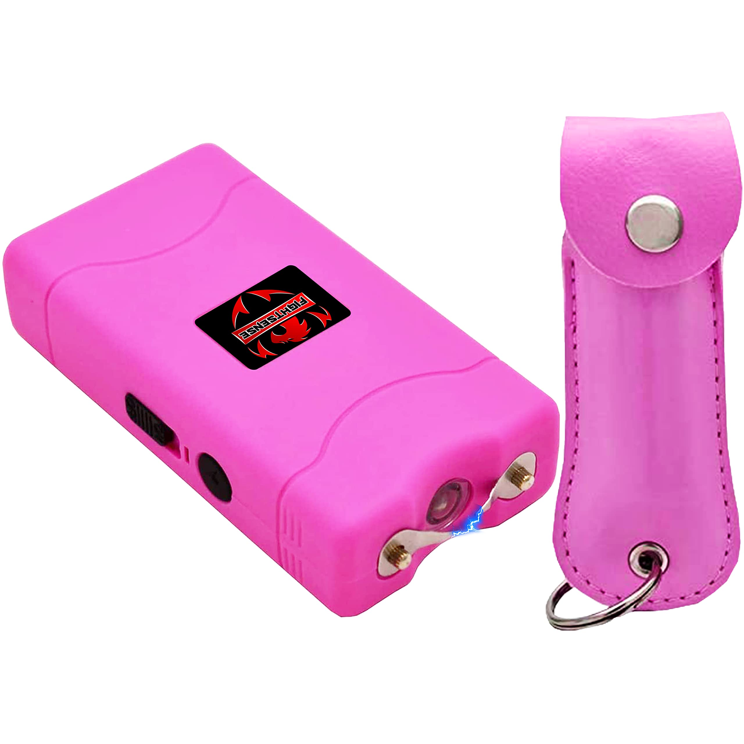 FIGHTSENSE Self-Defense Kit 1/2oz Pepper Spray & Mini Stun Gun for Men & Women,25 Burst,12 Foot Range,1.60 µC Painful Charge,LED Flashlight,Safety Switch (Pink)