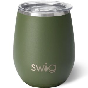 swig life 14oz insulated wine tumbler with lid | 40+ pattern options | dishwasher safe, holds 2 glasses, stainless steel outdoor wine glass (olive)