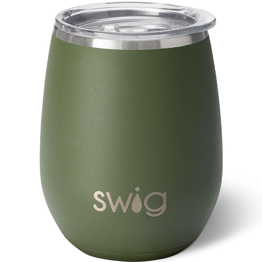 Swig Life 14oz Insulated Wine Tumbler with Lid | 40+ Pattern Options | Dishwasher Safe, Holds 2 Glasses, Stainless Steel Outdoor Wine Glass (Olive)