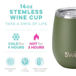 Swig Life 14oz Insulated Wine Tumbler with Lid | 40+ Pattern Options | Dishwasher Safe, Holds 2 Glasses, Stainless Steel Outdoor Wine Glass (Olive)