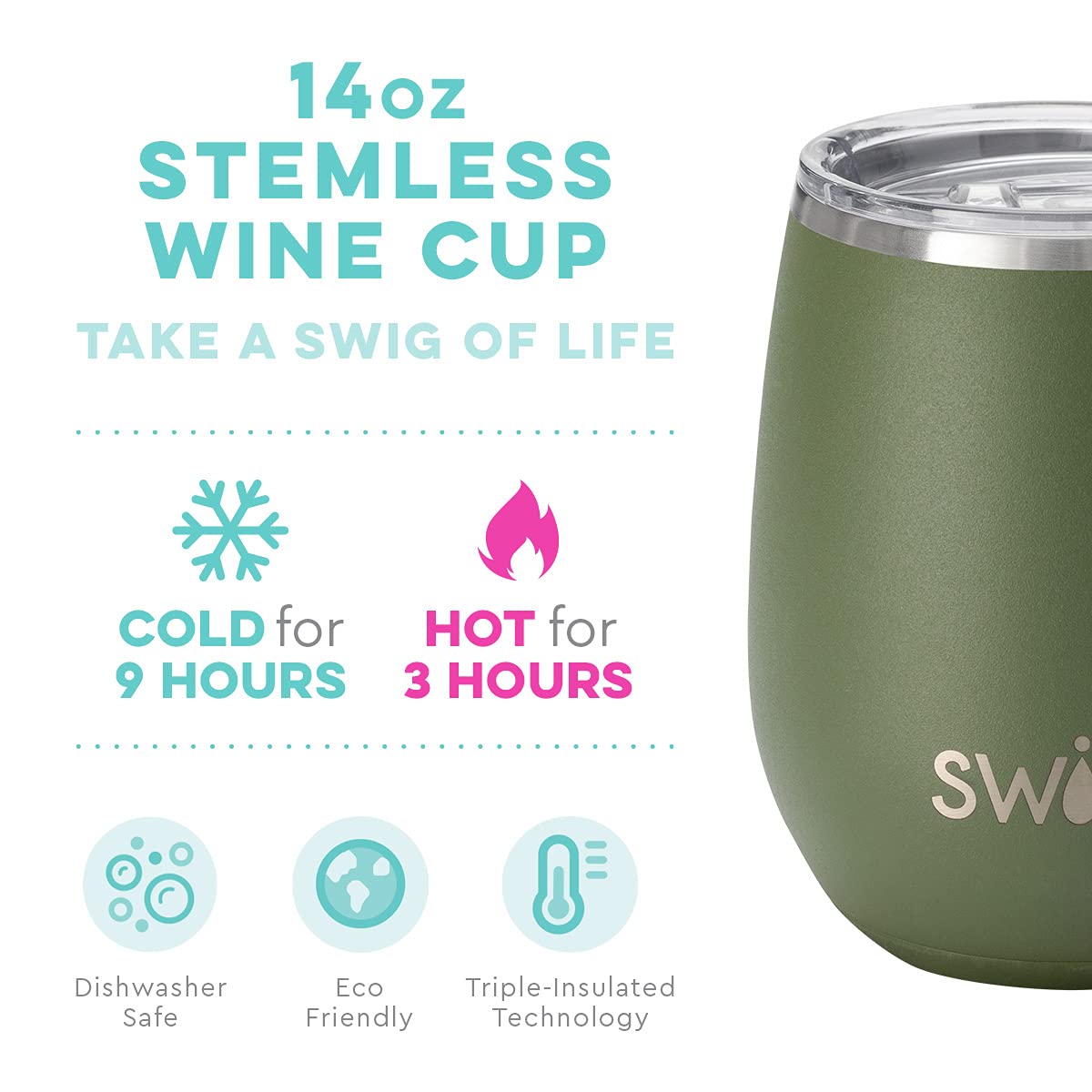 Swig Life 14oz Insulated Wine Tumbler with Lid | 40+ Pattern Options | Dishwasher Safe, Holds 2 Glasses, Stainless Steel Outdoor Wine Glass (Olive)