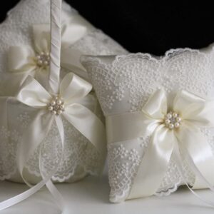 Flower Girl Basket and Ring Bearer Pillow Set, Flower Girl Baskets, Ivory Wedding Basket, Ivory Ring Pillow, Ringkissen, Lace Wedding Pillow (White, 1 Pillow)